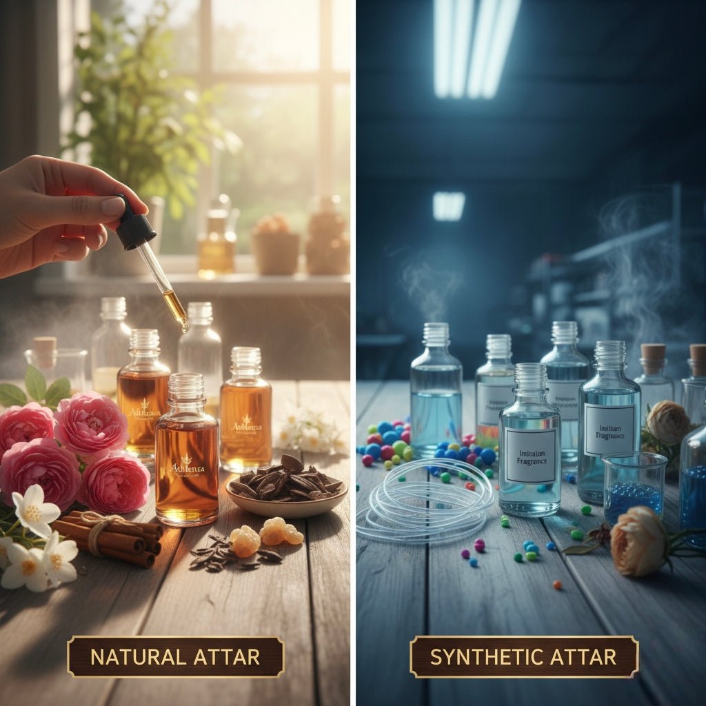 Infographic contrasting Original Attar (made from natural ingredients like flowers and wood) with Chemical Attar.