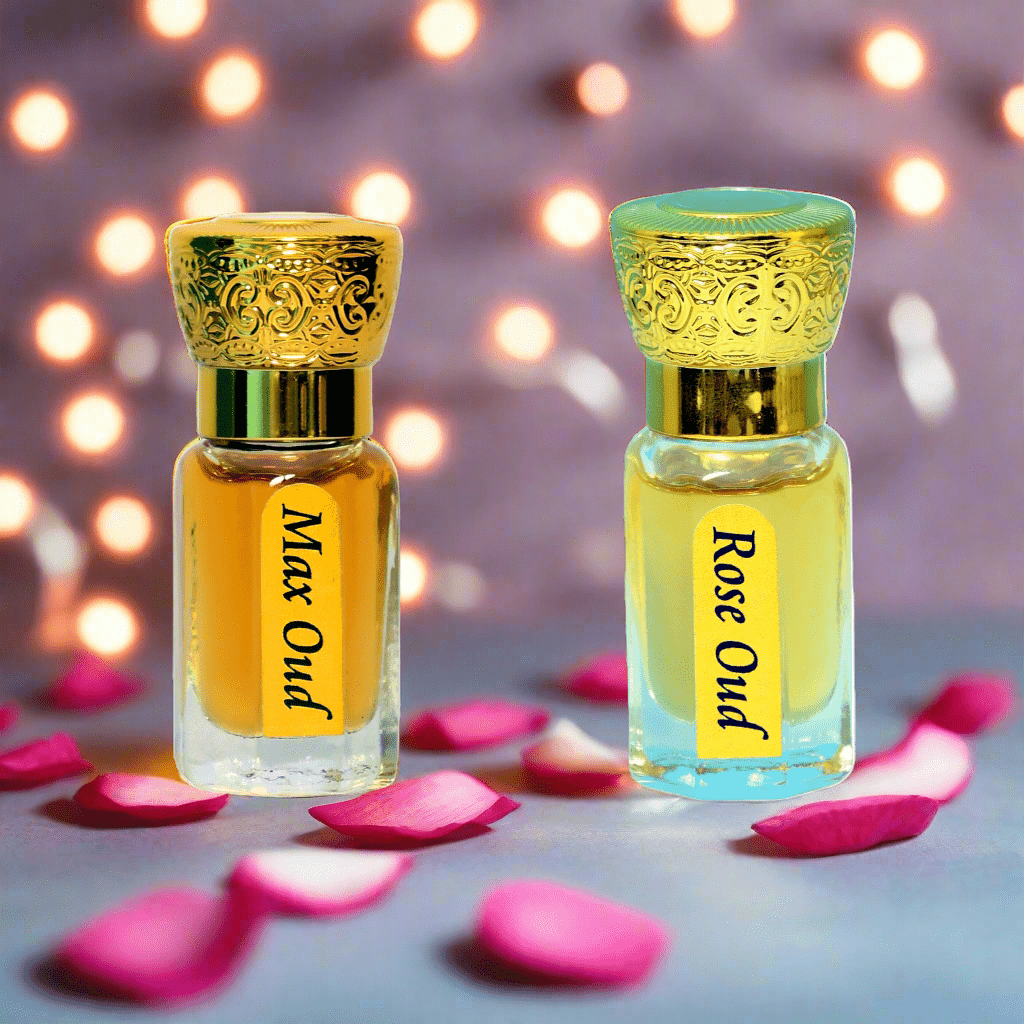 Two perfume bottles labeled 'Max Oud' and 'Rose Oud' with pink petals on a blurred lights background.
