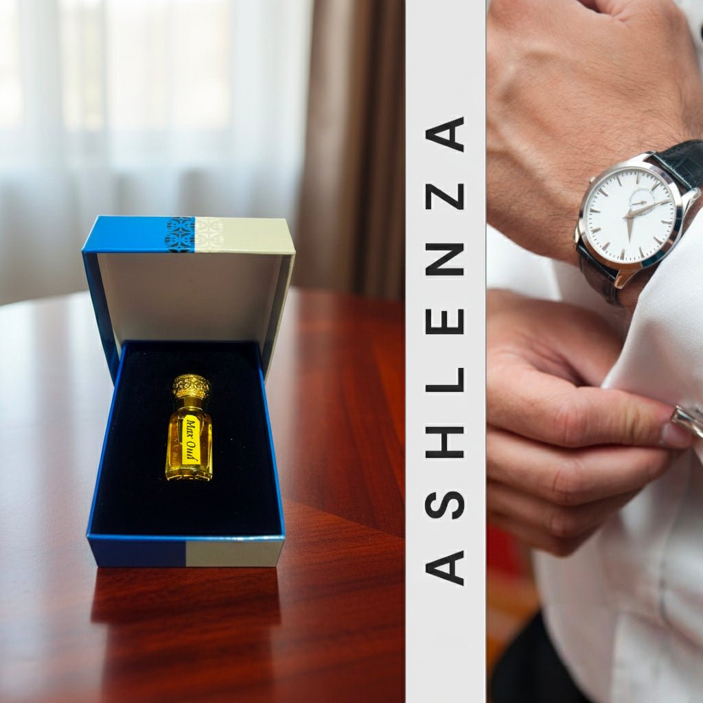 Luxury Assam Oud Attar bottle in royal blue box with velvet interior. non-alcoholic Oudh perfume oil.