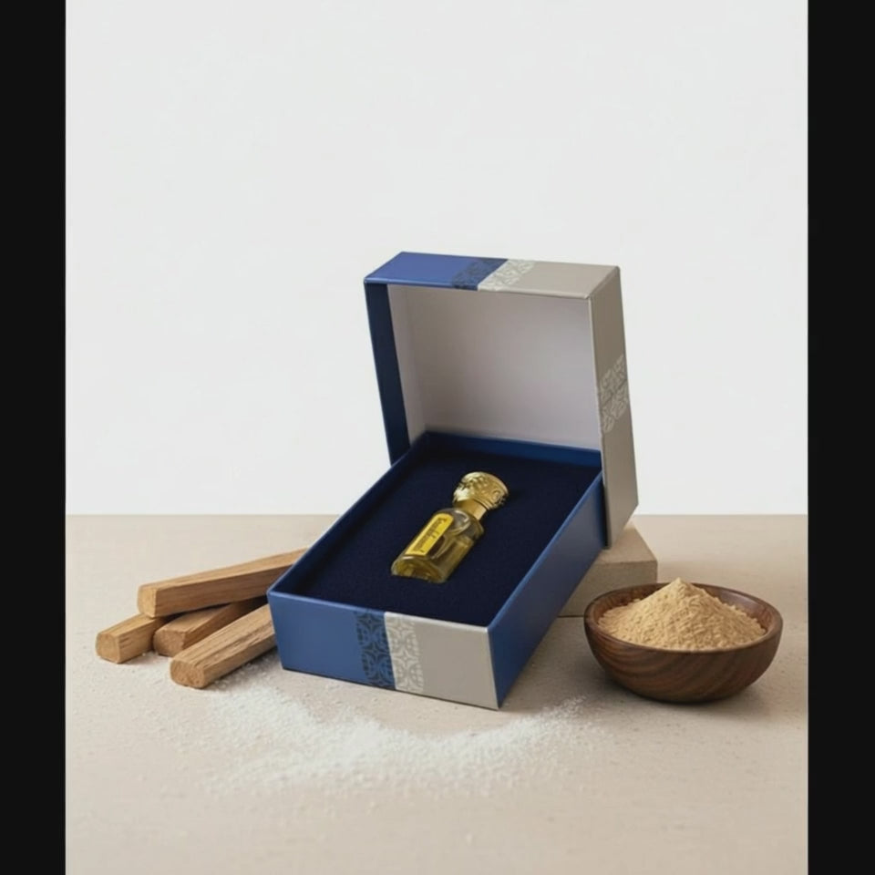 Pure Sandalwood (Chandan Ka Attar) 6ml perfume oil bottle next to its luxury wooden box. 100% pure, long-lasting, non-alcoholic traditional attar for meditation.