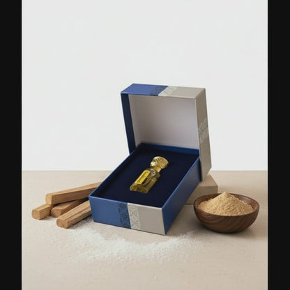 Pure Sandalwood (Chandan Ka Attar) 6ml perfume oil bottle next to its luxury wooden box. 100% pure, long-lasting, non-alcoholic traditional attar for meditation.